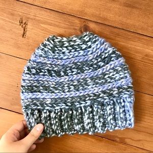 Adult Crochet Messy Bun Beanie Blue and Gray